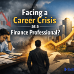 Finance professional facing career crisis, with a stressed individual surrounded by financial struggles on the left, contrasted by a hopeful path to success and growth on the right.