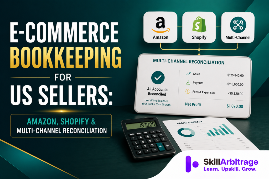 E-commerce bookkeeping records sales, fees and refunds at gross, then ties the net Amazon or Shopify payout to a clearing account that must clear to zero