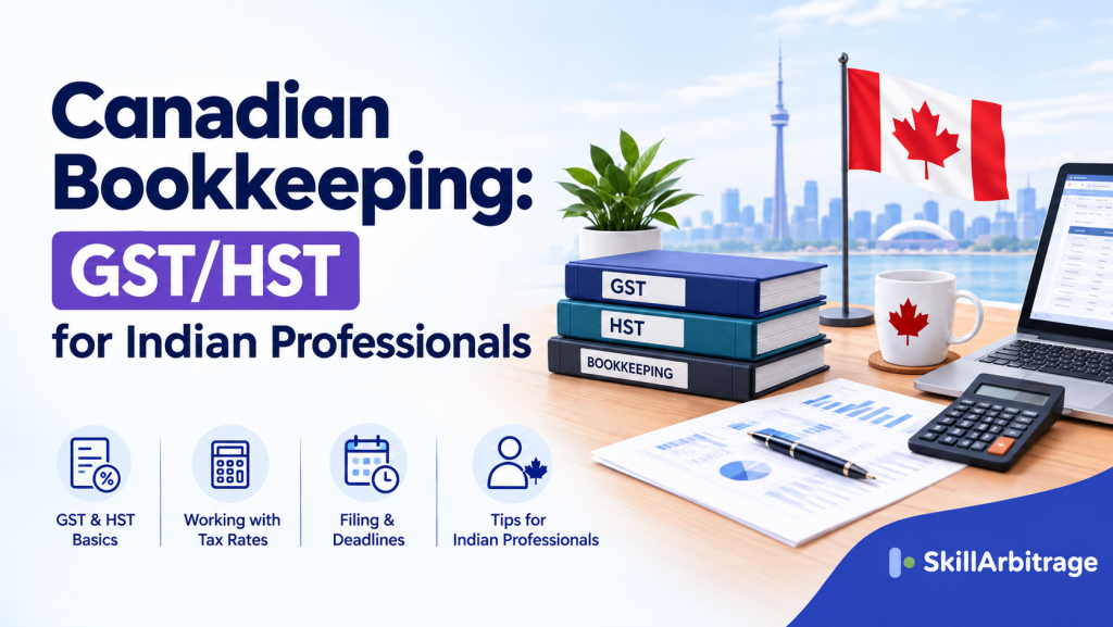 Canadian Bookkeeping: GST/HST for Indian Professionals, with laptop, invoice, calculator, percentage and globe icons on a blue SkillArbitrage background.