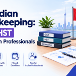 Canadian Bookkeeping: GST/HST for Indian Professionals, with laptop, invoice, calculator, percentage and globe icons on a blue SkillArbitrage background.
