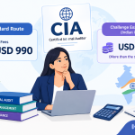 Certified Internal Auditor (CIA) From India, with icons for assurance, audit review, the credential, global reach, US dollar fees and a global capability centre, on the SkillArbitrage blue-to-white gradient.