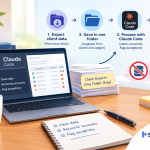 Featured image for the article How to Use Claude Code in a Bookkeeping Workflow, showing the topic title on a dark blue to white gradient with terminal window, file folder, spreadsheet grid, receipt, padlock and reconciliation match icons and the SkillArbitrage logo.