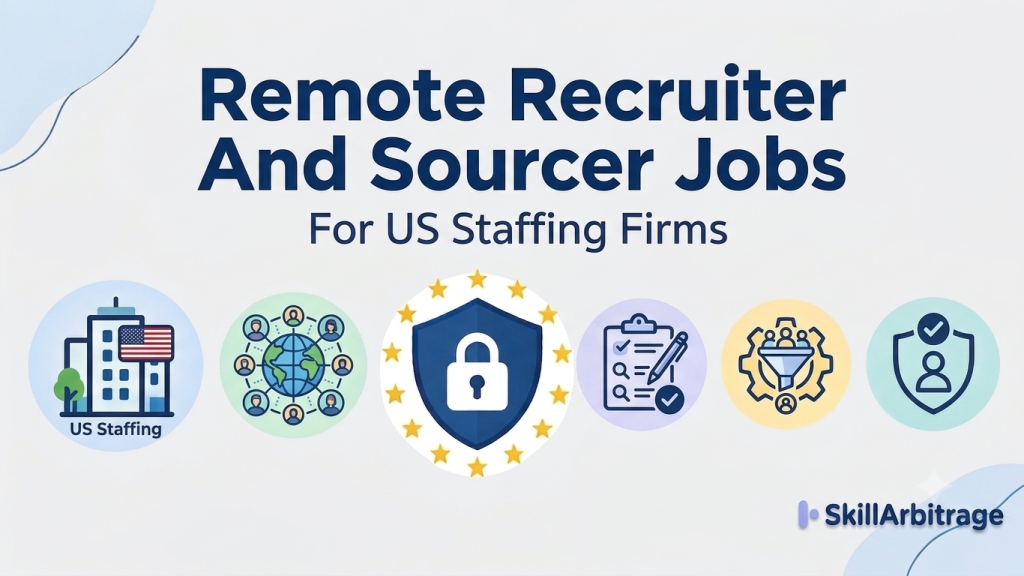 Remote recruiter and sourcer jobs for US staffing firms, covering pay components, the sourcer and recruiter split on a staffing desk, US shift hours from India and the entry route.