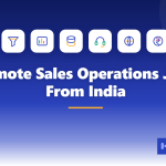 Featured image for the article Remote Sales Operations Jobs From India, showing the topic title on a dark blue to white gradient with sales funnel, reporting dashboard, CRM database, headset, globe and rupee icons and the SkillArbitrage logo.